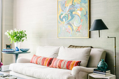 Inspiration for a mid-sized transitional formal and enclosed dark wood floor and brown floor living room remodel in Chicago with beige walls and a wall-mounted tv