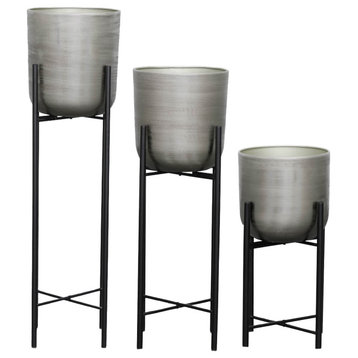 3-Piece Set Metal Planters On Stand, Silver