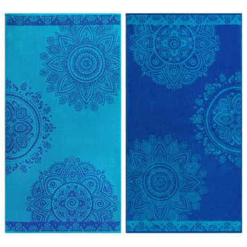Montebello Egyptian Cotton Oversized Beach Towel Set, Blue and Teal, 2-Pieces