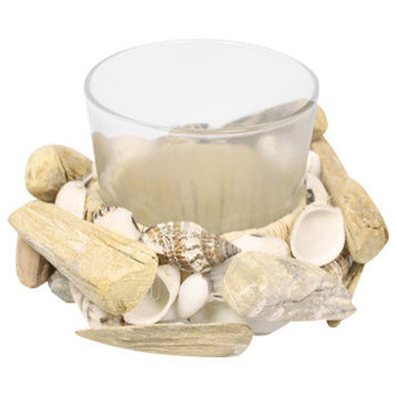Frosted Glass Candle Holder With Driftwood and Shells