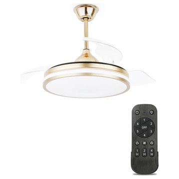 42" Gold Ceiling Fan With Retractable Fan Blades Dimmable Remote Control, Gold