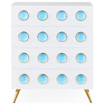 Jonathan Adler - Globo 4-Drawer Chest - Float into our world of dreamy, high-voltage glamour. Our Globo chest features a glossy white lacquer cabinet faced with solid blue acrylic cabochons in gleaming brass settings. Deep, soft-close drawers and tapered brass legs give it an elegant edge. Divine in your dressing room and brilliant in the boudoir.