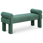 Meridian Furniture - Stefano Upholstered Bench, Green - Banish boredom in your room's decor with this Stefano polyester fabric bench. The perfect bench to rest at the end of your bed in the master suite or in a spot of interest in the foyer or entryway, this lovely art deco seat has loads of room to sit while you pull on boots or take off shoes. The soft green polyester fabric is lovely to the touch, and the rounded arm pillows give it an extra inviting feel.