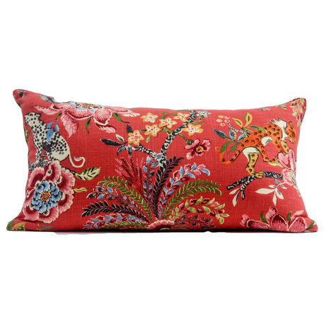 Red Chinoiserie Pillow Cover, Tropical Floral Red Pillow Cover, 12x22