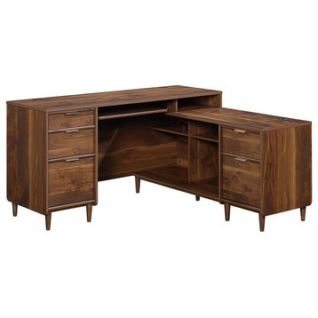Unique L-Shaped Desk, Open Shelves and Multiple Storage Drawers, Grand Walnut