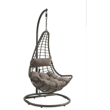 Patio Hanging Chair With Stand, Gray Fabric, Charcaol Wicker