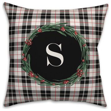 Black Plaid Monogram Wreath S 18x18 Spun Poly Pillow