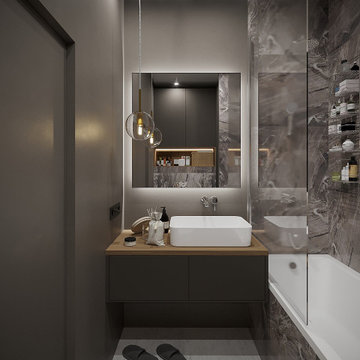Apartment with black bedroom and bathroom