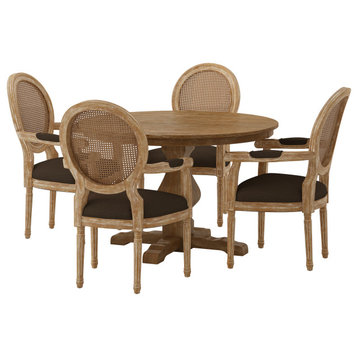 Bryan French Country Upholstered Wood and Cane 5-Piece Circular Dining Set, Natural/Brown