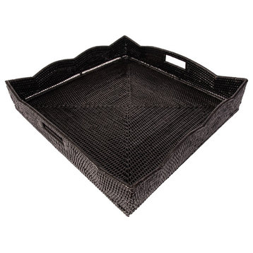 Artifacts Rattan™ Scallop Collection Square Tray With Cutout Handles, Tudor Black, 20"x20"x4.5"