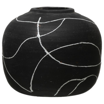 Hand-Painted Terra-cotta Vase, Black & White