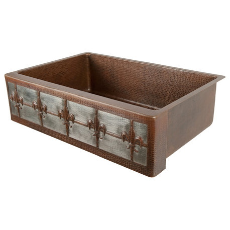 33" Hammered Copper Single Basin Sink With Fleur De Lis, Apron Front Nickel
