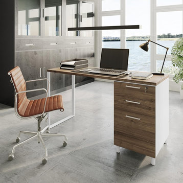 Modern Desk, Spacious Worktop With 3 Lockable Storage Drawers, Walnut/White