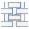 Mingle Thassos Interlocking Marble Mosaic Tile, Nero White Carrara, Blue/White