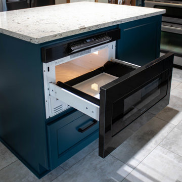 Two Tone Teal and Cream Kitchen with Romano White Quartz Countertop
