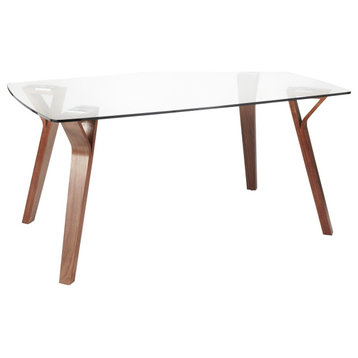 Folia Mid-Century Modern Dining Table, Walnut Wood With Clear Tempered Glass