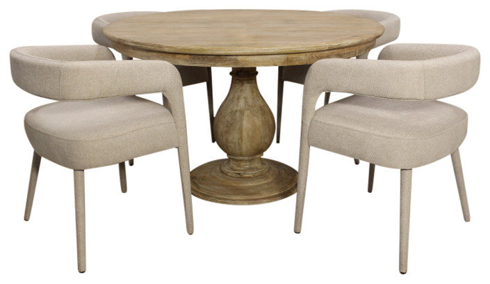Jenna 48" Round Dining Set with 4 Galway Chairs in Modern Ivory Linen ...