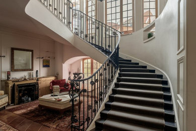 Large elegant curved metal railing staircase photo in Los Angeles
