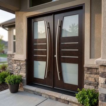 Modern Double Wood Front Door with Frosted Glass Panels and Contemporary Stainle