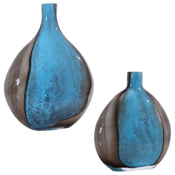 Bowery Hill Modern Art Glass Vase in Cobalt and Black (Set of 2)
