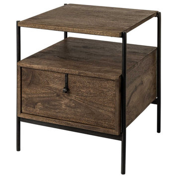 HomeRoots Square Top End Table With Dark Brown Wood and Iron Black Frame