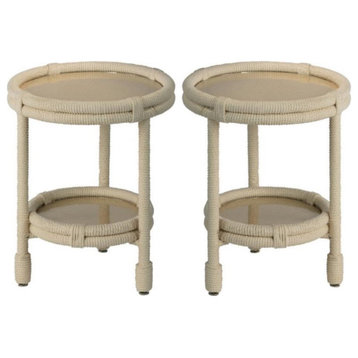 Home Square 2-Shelf Coastal Rattan & Rope Side Table in White - Set of 2