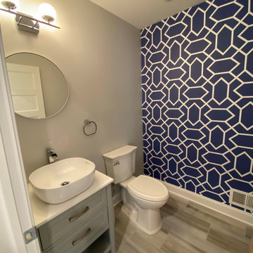 Powder Room with Navy Geometric Wallpaper | Bergenfield NJ