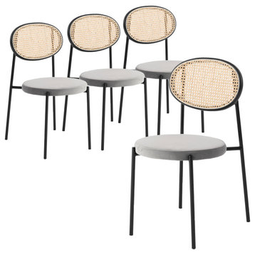 LeisureMod Euston Dining Chair With Wicker Back & Velvet Seat Set of 4, Grey
