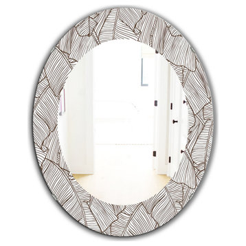 Leaves Palm Tree Bohemian Eclectic Frameless Round Wall Mirror, 24x36