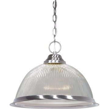 Traditional 1-Light 15" Pendant In Brushed Nickel Finish With Clear Ribbed Glass