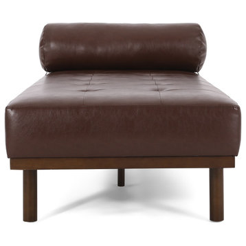 Elmore Mid Century Modern Faux Leather Tufted Chaise Lounge with Bolster Pillow, Dark Brown + Natural Walnut