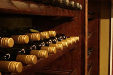 Inspiration for a dark wood floor wine cellar remodel in Other with storage racks