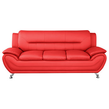 Modern Minimalist Sofa, Bonded Leather Seat With Padded Pillowed Arms, Red