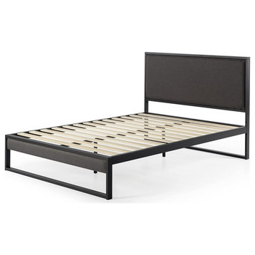 Modern Platform Bed, Metal Frame With Wooden Slats & Polyester Headboard, Queen