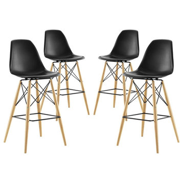 4 Pack Bar Stool, Natural Legs With Black X-Brace Support and Plastic Seat, Blac