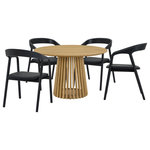 Armen Living - Pasadena Apache 5-Piece Round Dining Set, Natural and Black Oak Finish - Introducing the Pasadena Apache 5 Piece Round Dining Set. This set includes the 1 Pasadena round dining table and 4 Apache dining chairs. Crafted with meticulous attention to detail, the round shape of the table brings a touch of sophistication, creating a dynamic focal point for gatherings in your dining room. The compact 47-inch size makes it an ideal choice for those seeking a small dining table without compromising on style. Its versatility extends beyond the dining room, seamlessly integrating into kitchens as a modern kitchen table. The Apache chairs showcase a sophisticated blend of Black Oak Wood and Faux Leather, creating a sleek and timeless aesthetic. The upholstered dining chair design provides both comfort and style. Their contemporary design ensures they seamlessly integrate into various interior styles, elevating the ambiance of any space. The versatility of these chairs extends beyond the dining room; they make for stylish additions such as vanity chairs or accent pieces, enhancing the aesthetic appeal of any room. The retro allure of mid-century design is present in the slatted paneling on the column structure of the pedestal base, further elevating its appeal, whilst lending its unmistakable character and attractive, architectural-like quality. This 5-piece dining set comes complete with the Apache Black Oak Wood and Faux Leather Dining Chairs and one of 3 different color variations for the Pasadena table. This round dining table is available in an all-black oak finish, an all-natural oak finish, or a walnut tabletop finish with a black base.