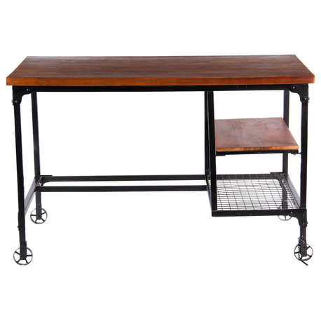 Industrial Style Wood And Metal Desk With Two Bottom Shelves, Brown And Black