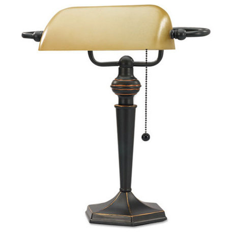 Traditional Banker's Lamp, 16", Amber Shade With Antique Bronze Base