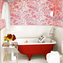 Eclectic Bathroom apartment therapy- red clawfoot tub
