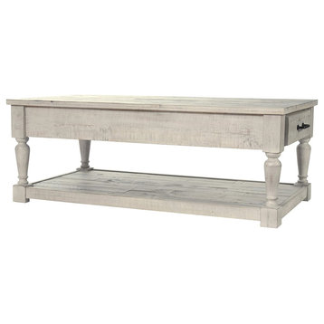 Farmhouse Coffee Table, 2 Side Drawers and Lower Open Shelf, Whitewash Finish