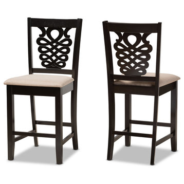 Gervais Sand Upholstered and Dark Brown Finished Wood 2-Piece Counter Stool Set