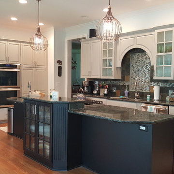 White cabinets to Light Grey and Black Island