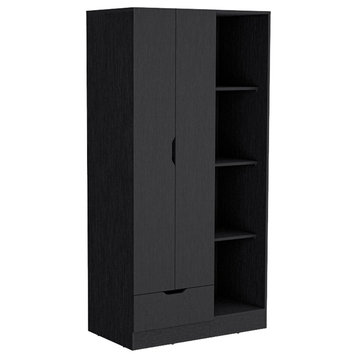 Depot EShop Toccoa Engineered Wood Armoire with 4-Tier Open Shelves in Black