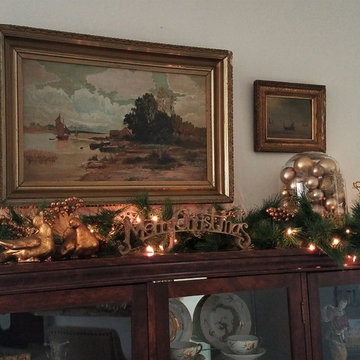 Christmas decorated cabinet in entry way