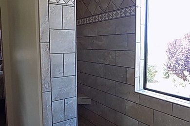 Elegant alcove shower photo in Phoenix with beige walls