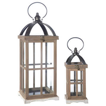 Rectangle Wood Lantern with Metal Fliptop and Handle, Natural Brown Finish