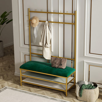 Hall Tree with Shoe Storage Bench Green Velvet Upholstered Gold Clothing Rack