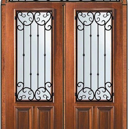 Prehung Transom Double Door 96 Wood Mahogany Valencia 2/3 Lite - Front Doors