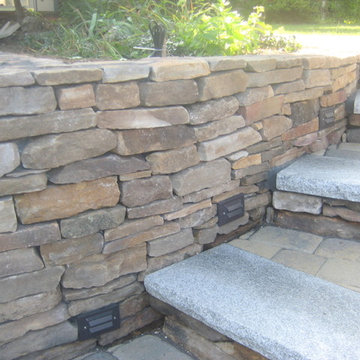 Flat Fieldstone Walls, Cape Cod Paver Platforms and Walkway, w/ Accent Lighting