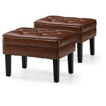 Glitzhome - Set of 2 Leatherette Button-Tufted Accent Stool, Coffee - This stunning faux leather ottoman is sure to be a standout addition to your home. With its stylish nailhead trim along the sides and a charming button tufted top, it exudes an air of elegance and sophistication. The sturdy rubberwood legs not only add durability but also lend a touch of timeless appeal. The premium faux leather upholstery ensures both comfort and easy maintenance. Whether you use it as a footrest, side table, or extra seating, this versatile piece effortlessly complements any room. And when it's not in use, it conveniently tucks away under your vanity or desk, making the most of your space.    1.Button-tufted seat combines nail head trim bringing vintage charm